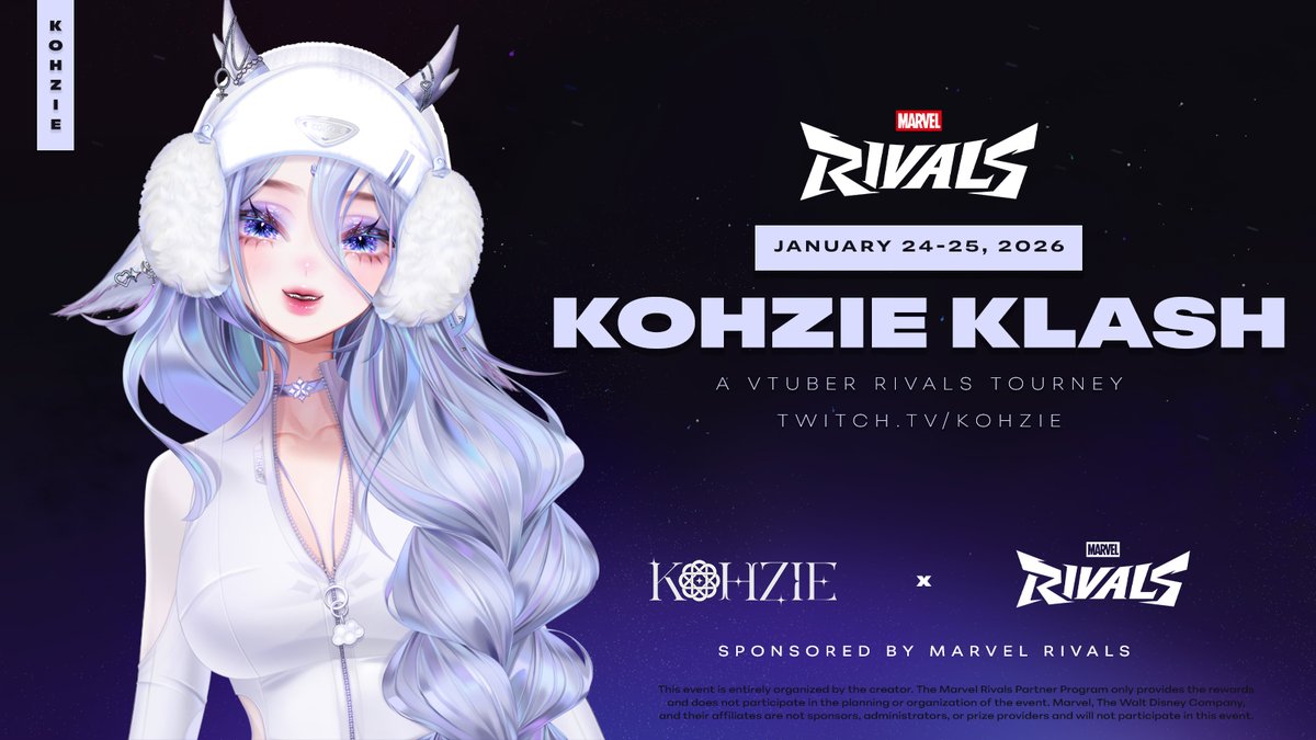 KohzieVT's tweet image. 💫THE KOHZIE KLASH💫
VTuber Rivals Tourney
January 24-25, 2026

Sponsored by Marvel Rivals
Please fill out the form below &amp;amp; join the official server!