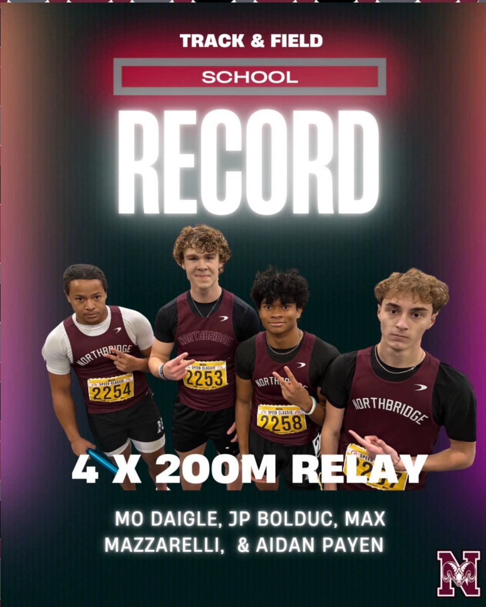 NBRamsAthletics's tweet photo. SCHOOL RECORD ALERT ...
CONGRATS TO OUR BOYS 4X200M RELAY TEAM:
MoRodney Daigle, JP Bolduc, Aiden Payen and Max Mazzarelli on setting the new standard at 1:38:51
#RunninRams
@tgsports https://t.co/RQ7sFffQnd