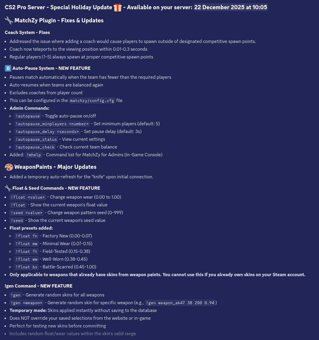 A significant update for CS2 will be released tomorrow for all FSHOST Pro CS2 servers.