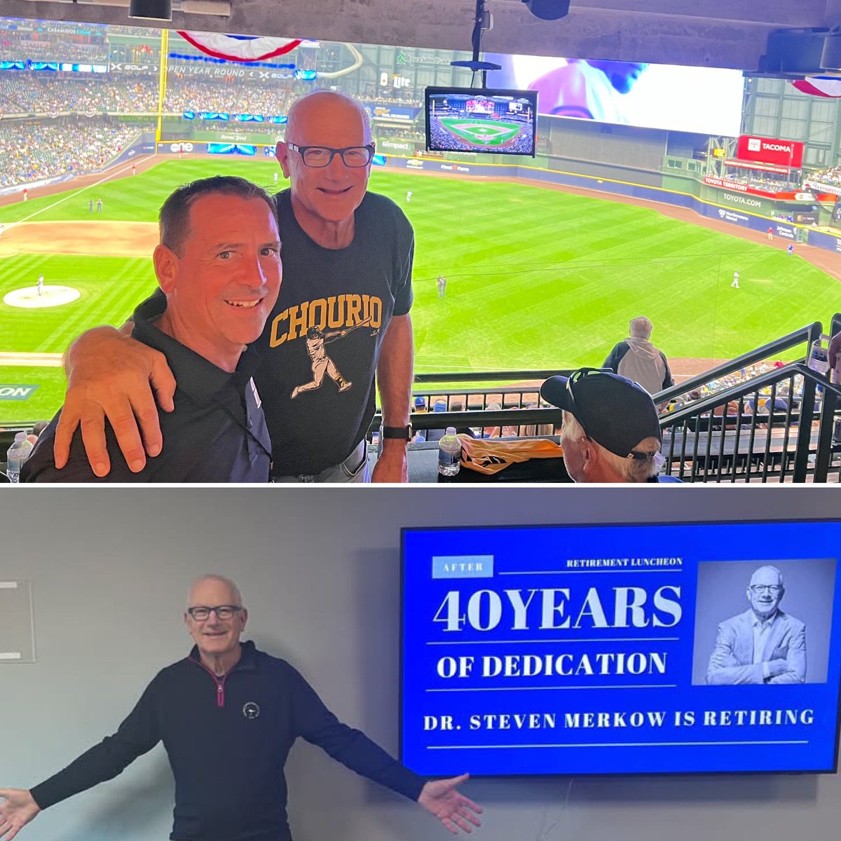 Doc Merkow once bothered to look at my injured knee when we ran into each other at a <a href="/Brewers/">Milwaukee Brewers</a> game. He insisted. Great career with our <a href="/620wtmj/">620 WTMJ</a> Partners <a href="/OrthoWI/">Ortho WI</a> coming to a triumphant finish. Congrats on your retirement, Doc!