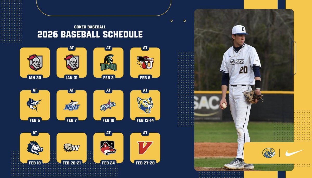 CokerU_Baseball's tweet photo. The new year is almost here and we are counting down the days until Opening Day at Tom J. New Field! Take a look at our Full 2026 Schedule and our opponents for this upcoming season!

Preview game times by visiting our website at https://t.co/0YYfycExmX

Go Cobras! 🐍 https://t.co/uhik7pzBZe