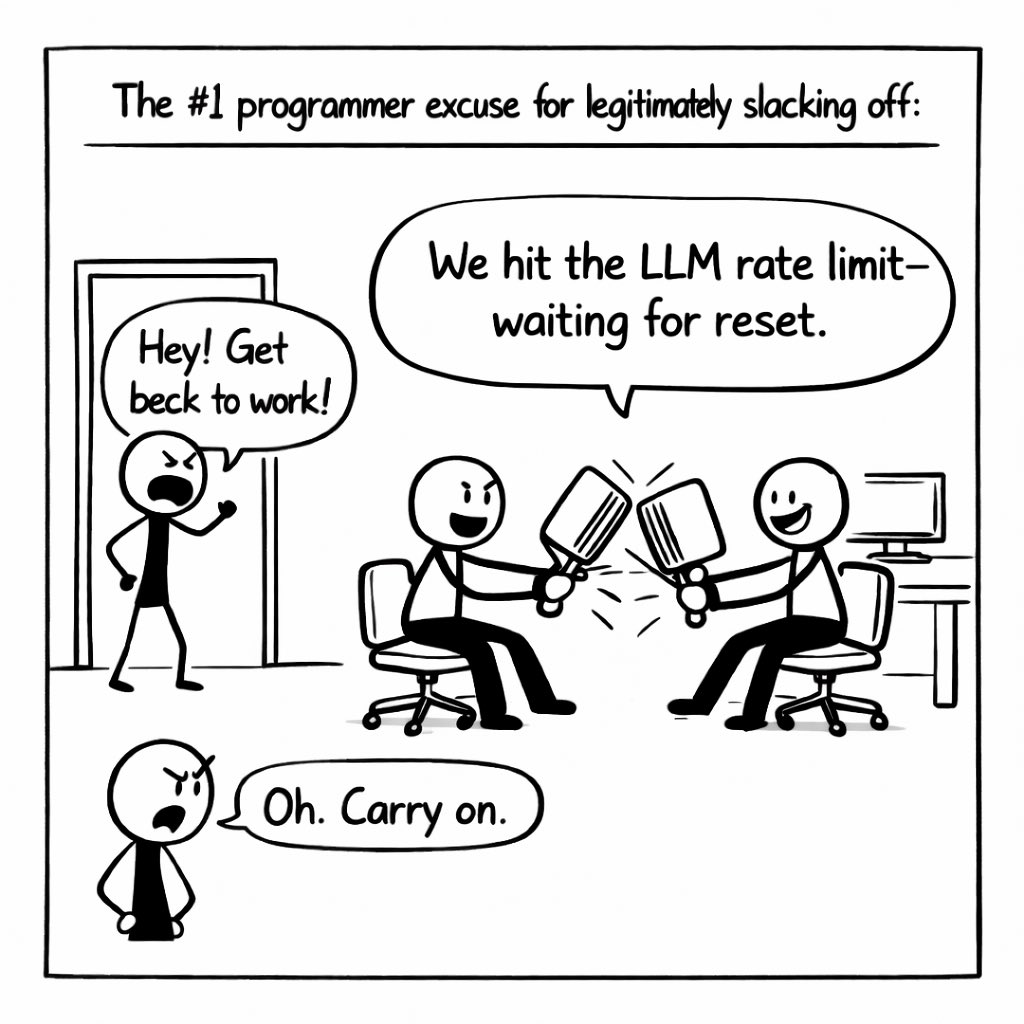 The well known “Compiling” meme xkcd.com/303/, which was replaced by “Running tests” today would look like “We hit the LLM rate limit—waiting for reset”