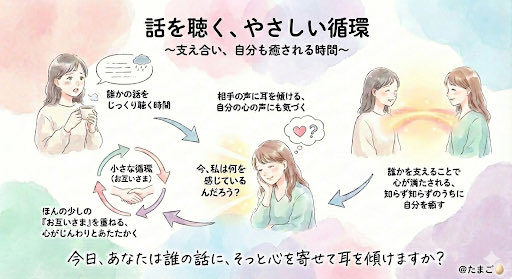 xwv821's tweet image. 最近、誰かの話をじっくり聴く時間はありましたか？

人は、
誰かに支えられることだけでなく
誰かを支えることで
心が満たされるいきもの。

話を聴くという行為には、
もうひとつのやさしい力があります。

それは、
相手の声に耳をかたむけると
ふしぎと自分の心の声にも気づけるのです。…