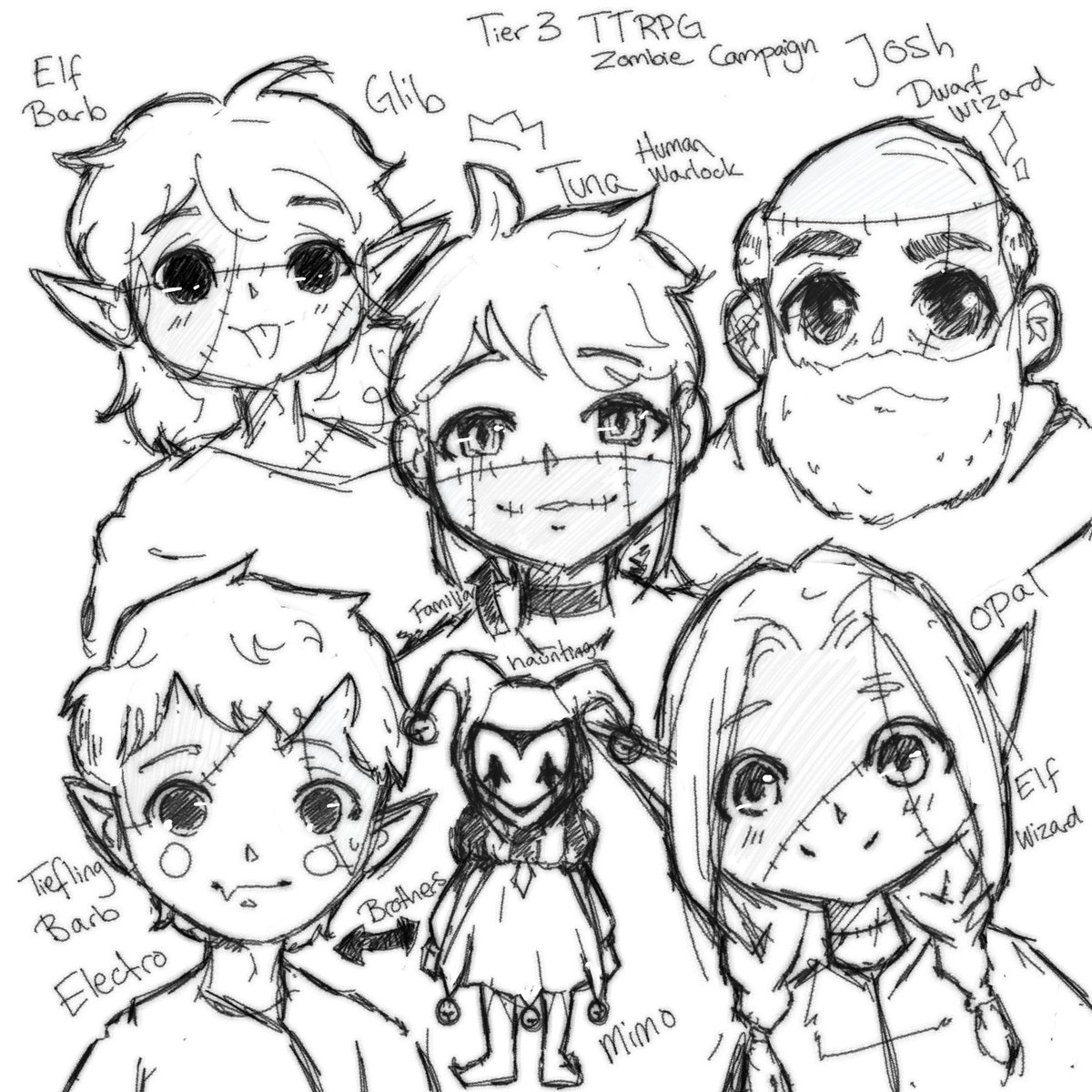 We did a TTRPG session today for the Tier 3 YT members - couldn't stream it unfortunetly because of Wifi Issue so I doodled the campaign members :3