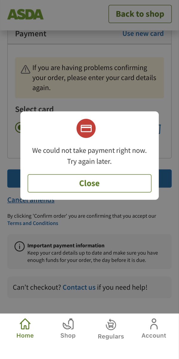 DarrenLinard's tweet photo. @AsdaServiceTeam what’s up with the “could not take payment” errors. This is the 2nd time I’ve not been able to compete my order no matter what I try. Pointless doing an online order when I have to go to the store to get the bits I couldn’t order. Won’t be doing another one…🤬 https://t.co/8iKwPNA8cU
