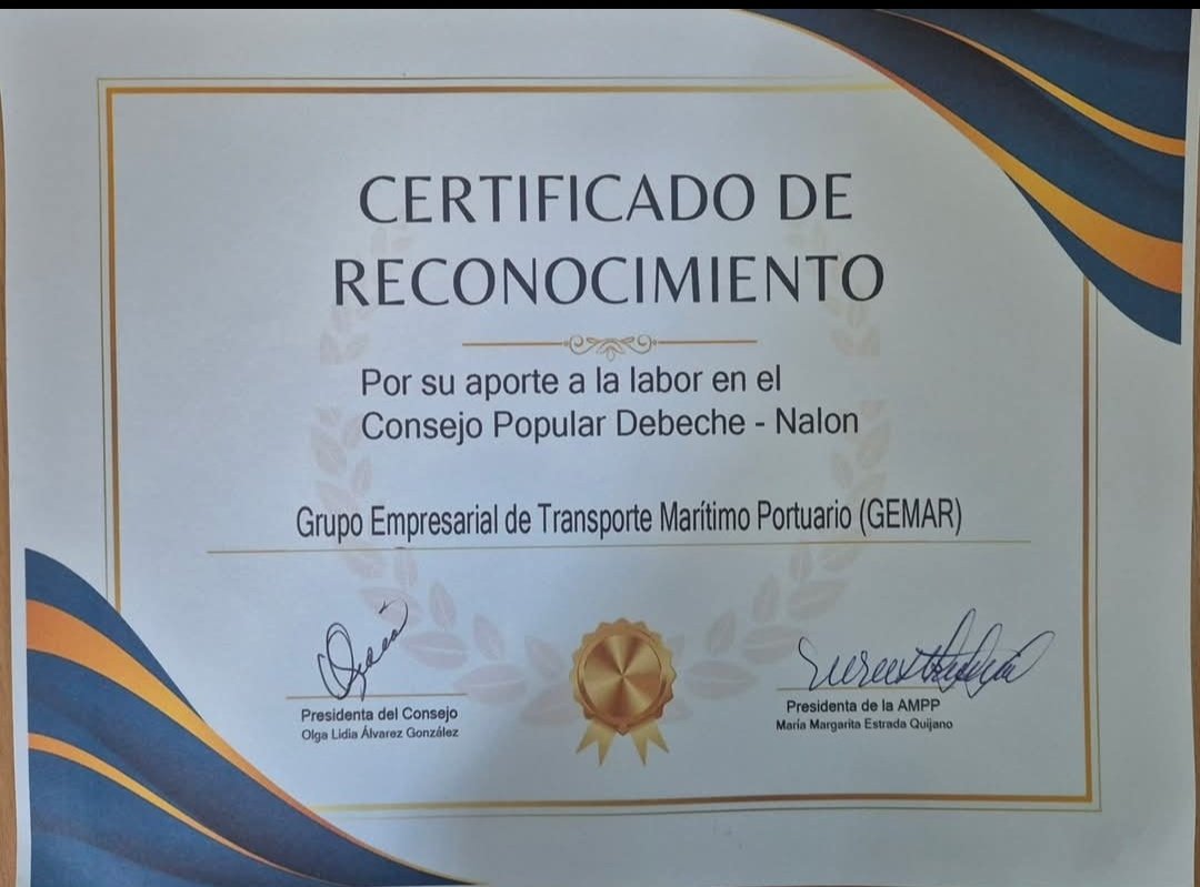 El Consejo Popular D'Beche-Nalón y la AMPP de Guanabacoa reconocen a GEMAR x la labor desarrollada x sus empresas y Oficina Central en las tareas comunitarias, apoyo a la higienización, la batida contra aedes aegypti y la atención a instituciones sociales.
<a href="/MitransCuba/">Ministerio del Transporte de Cuba</a>