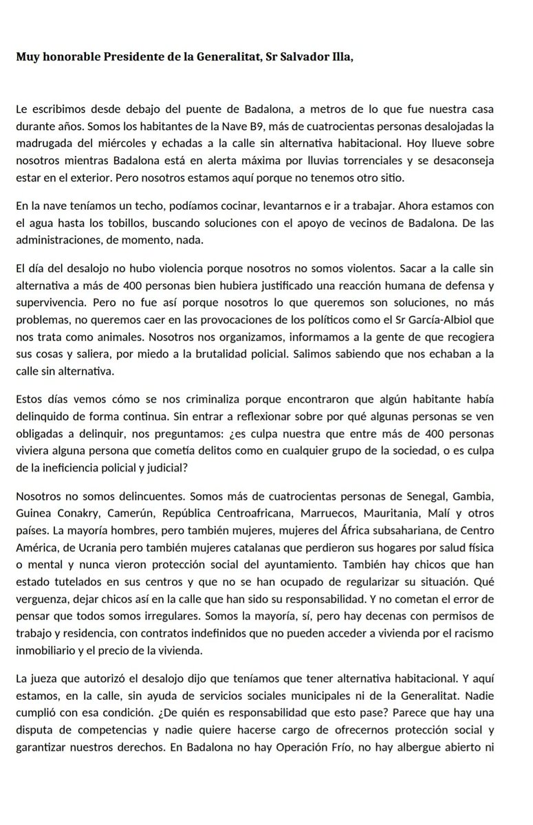 andreumerino's tweet image. Un grup de persones que vivien al B9 de Badalona han ocupat l'alberg municipal per a persones sensellar de Can Bofí Vell, tancat des de fa mesos 

Aquí ho expliquen, en una carta dirigida a Salvador Illa 

Reivindiquen haver ocupat l'espai en desús davant la inacció institucional