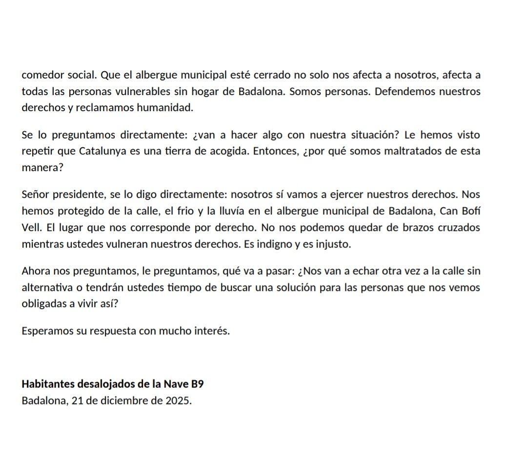 andreumerino's tweet image. Un grup de persones que vivien al B9 de Badalona han ocupat l'alberg municipal per a persones sensellar de Can Bofí Vell, tancat des de fa mesos 

Aquí ho expliquen, en una carta dirigida a Salvador Illa 

Reivindiquen haver ocupat l'espai en desús davant la inacció institucional