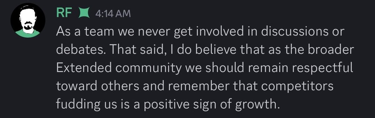 TheBatTerminal's tweet image. Today there was a discussion on the Extended discord and what a beautiful reply by @rf_extended 

Competition is great and @extendedapp truly believes there is space for all players on the field.

The ultimate goal is DEX vs CEX, when the space wins, we all win collectively!! 🤍