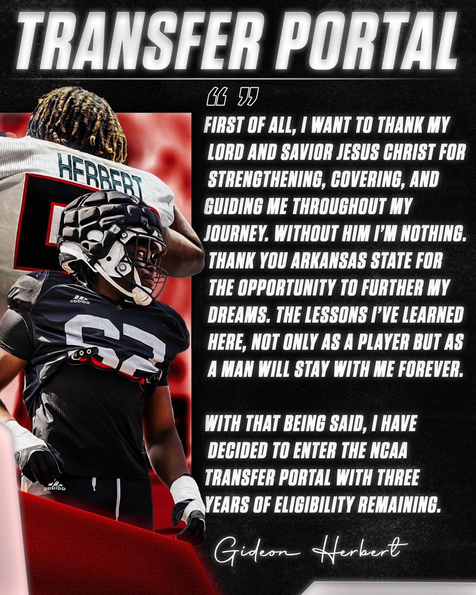 GideonHerbert9's tweet image. Thank You AState🐺

6’3 250 EDGE
3.5+ GPA
3 Years of Eligibility 

#TransferPortal