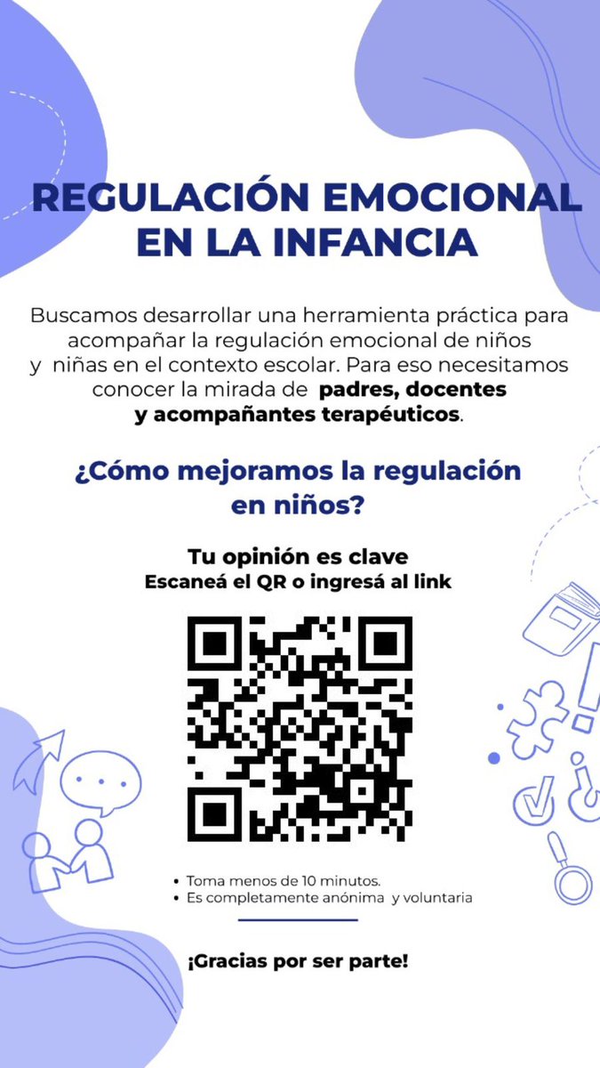 ¿Me ayudan contestando o dando RT? Estamos diseñando un proyecto sobre regulacion y funciones ejecutivas para niños. Necesitamos respuestas de flias y docentes de niños hasta 12 años. Estos datos nos ayudaran a coneguir el financiamiento para el proyecto, pero tambien poder