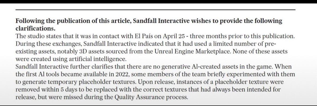 nuhre_'s tweet image. Sandfall Interactive confirmed via El País:
• A limited number of pre-existing UE Marketplace 3D assets were used
• None were created with generative AI
• No GenAI assets are in the final game
• AI tools were briefly tested in 2022 for placeholder textures
• Those…