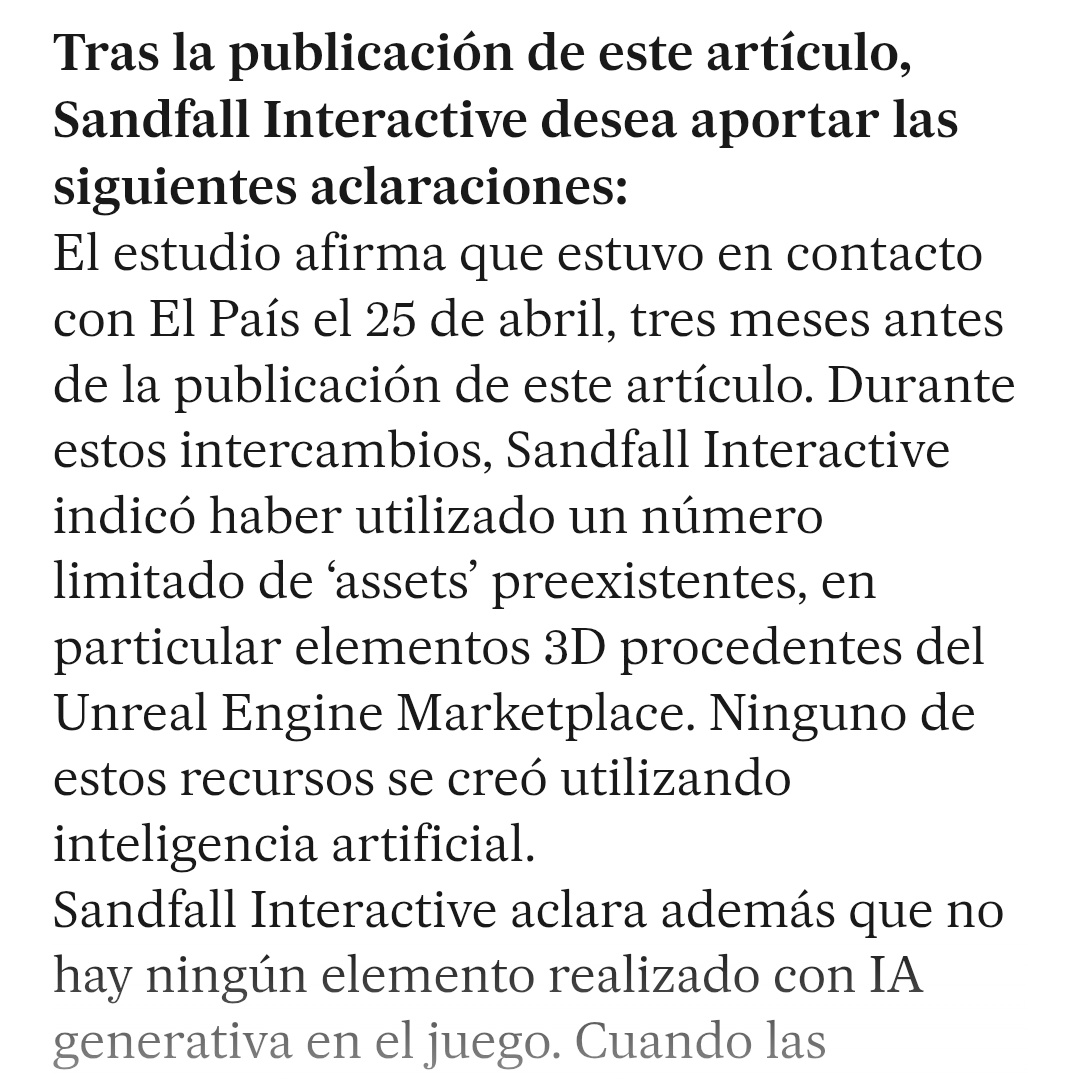 nuhre_'s tweet image. Sandfall Interactive confirmed via El País:
• A limited number of pre-existing UE Marketplace 3D assets were used
• None were created with generative AI
• No GenAI assets are in the final game
• AI tools were briefly tested in 2022 for placeholder textures
• Those…