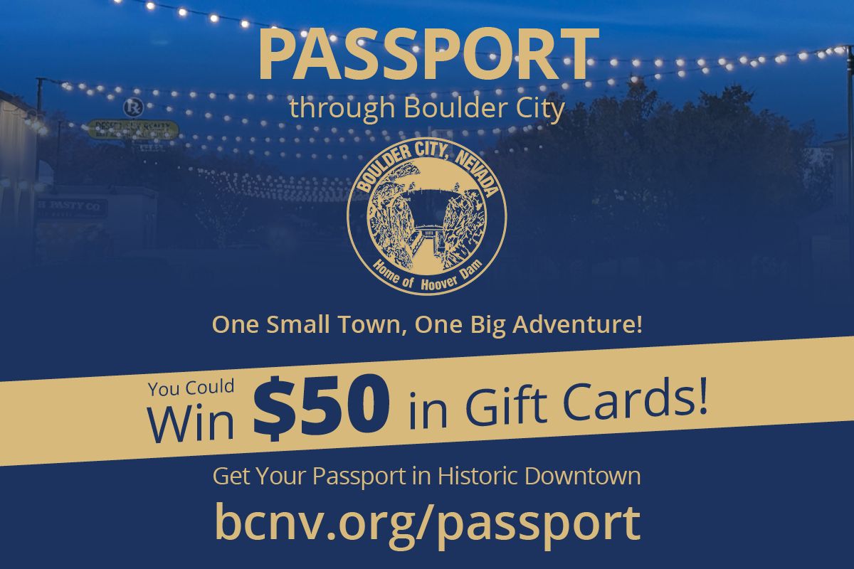 BCSocialNV's tweet photo. There is still time to get your Passport Through Boulder City and patronize the small businesses of the Historic District. Collect passport stamps at each business and then mail your passport by January 5 to the City of Boulder City, NV to get your chance at winning $50 in gift cards. Do it now! Links to locations where you can obtain a passport is in the comments. For more details, go here: https://t.co/DGdjKpwTVo