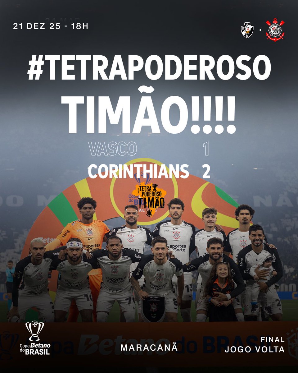 TETRA PODEROSO TIMÃO!!!!!!!!!!!!! 🖤🤍

SOMOS OS TETRACAMPEÕES DA COPA DO BRASIL DE 2025, FIEL!!!!!!!!!!!!!!!!!! 🦅

🎶 O CAMPEÃO DOS CAMPEÕES! ETERNAMEEEEEEENTE, DENTRO DOS NOSSOS CORAÇÕES!!!!!! 🎶

Vasco 1 🆚 2 Corinthians

⚽ Yuri Alberto
⚽ Memphis

#TETRAPoderosoTimão