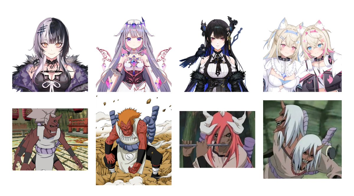 Matching #HololiveAdvent against #Naruto's Sound Four. Eye vs Eye, Rock vs Rock, Music vs Music, Twins vs Twins