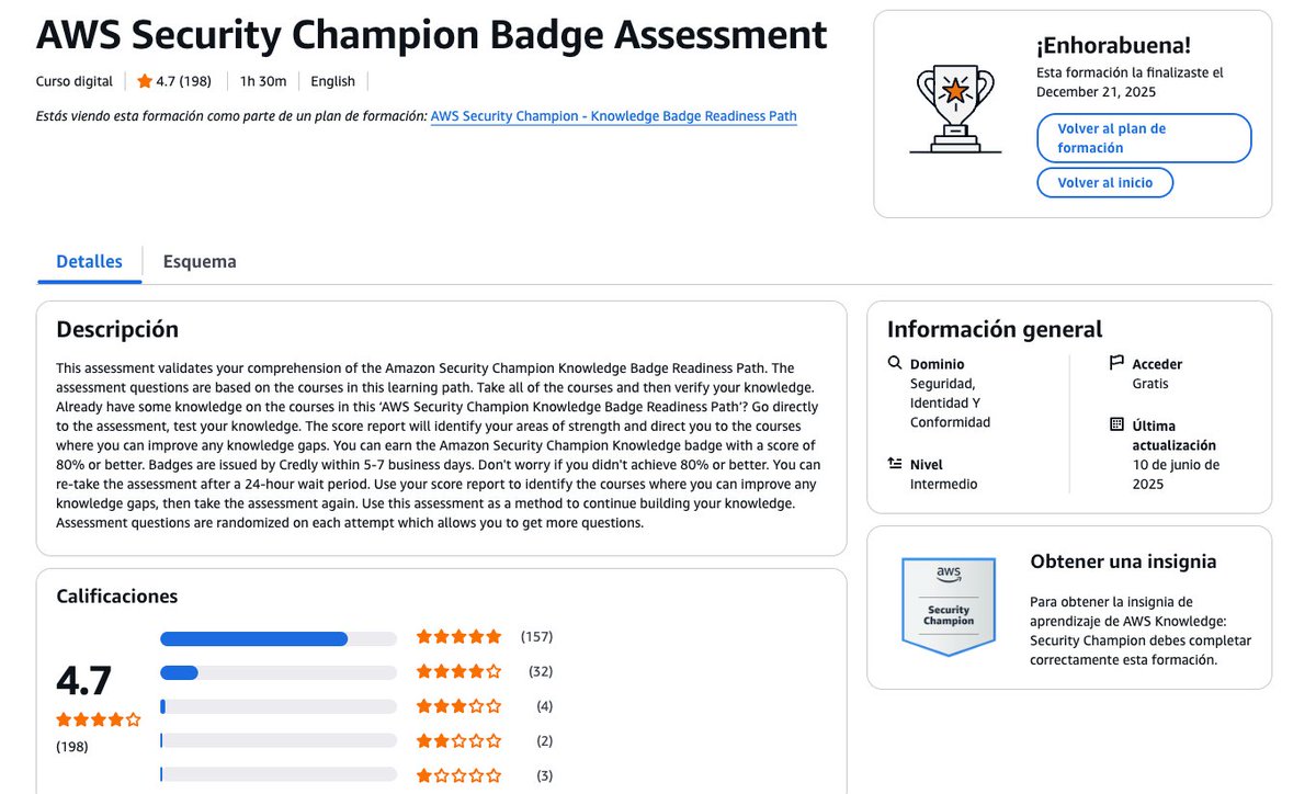 RoxsRoss's tweet image. AWS Security Champion Badge Assessment ✅
⏱️ 1h 30m
🎯 Nivel intermedio
💸 Gratis
🛡️ Security, Identity &amp;amp; Compliance

👉 skillbuilder.aws/learn/2FSGQQ4F…

Aprender seguridad en AWS también es parte del mindset DevOps 🔥 @awscloud 
Seguimos 💪

#AWSSecurity #SecurityChampion #CloudSecurity