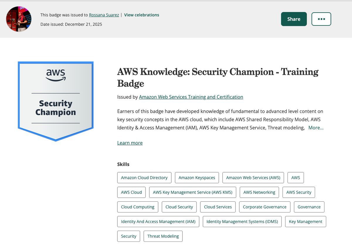 RoxsRoss's tweet image. AWS Security Champion Badge Assessment ✅
⏱️ 1h 30m
🎯 Nivel intermedio
💸 Gratis
🛡️ Security, Identity &amp;amp; Compliance

👉 skillbuilder.aws/learn/2FSGQQ4F…

Aprender seguridad en AWS también es parte del mindset DevOps 🔥 @awscloud 
Seguimos 💪

#AWSSecurity #SecurityChampion #CloudSecurity