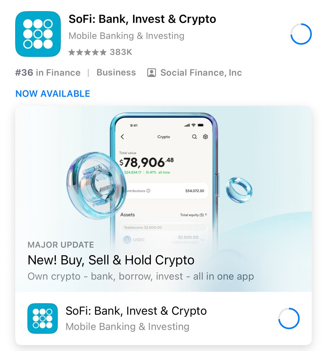 SOFI 🚨BREAKING NEWS🚨 SOFI has updated their app on the App Store to show  buy sell hold crypto📈 Looks like it has just been fully rolled out to all  13.6 million members 🔥🙌