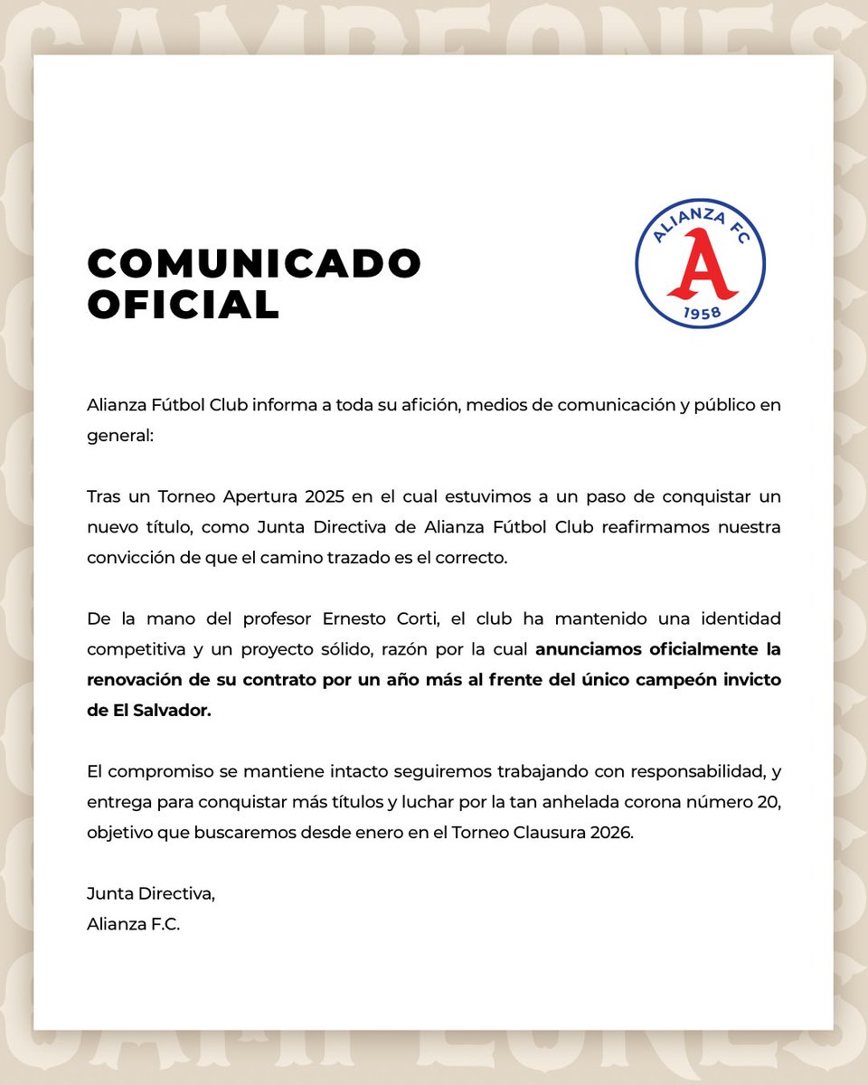 AlianzaFC_sv's tweet image. Comunicado Oficial: Renovación Ernesto Corti 🅰️🐘

#AlianzaFC