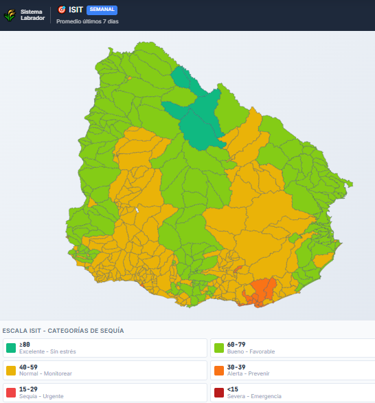 portalmeteo's tweet image. #Uruguay #agricultura #ganadería #lecheria #granja #deficithídrico #sequía Monitoreo semanal por subcuenca hidrográfica de #sequias  #ISIT #IndiceSequiaIntegradoTerritorial #Domingo21 #Diciembre2025 @NASA @NASAEarth @NASA_es
@GabrielMeteo