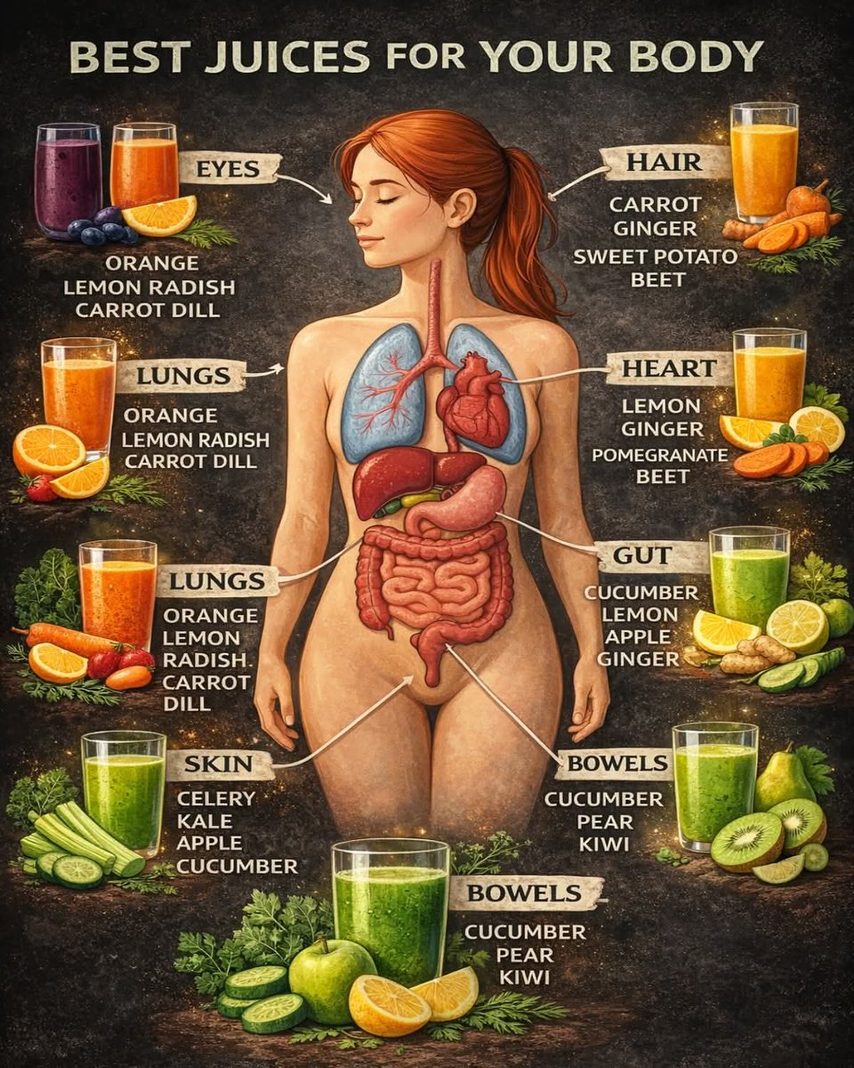 Dr_Paiwan's tweet image. Your body thrives on what you feed it 🍹🌿
From eyes to heart, lungs to gut, nature offers simple juice blends to support everyday wellness. Nourish smart, hydrate naturally, and let food be part of your self-care routine.