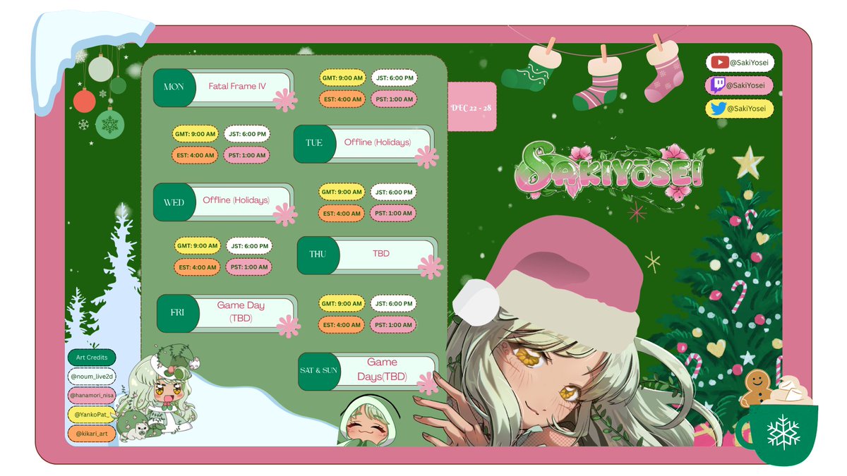 Schedule for this week 22/12 - 28/12. 

Thursday may be an off day or a stream day, depending on holiday plans and how things go that day.
