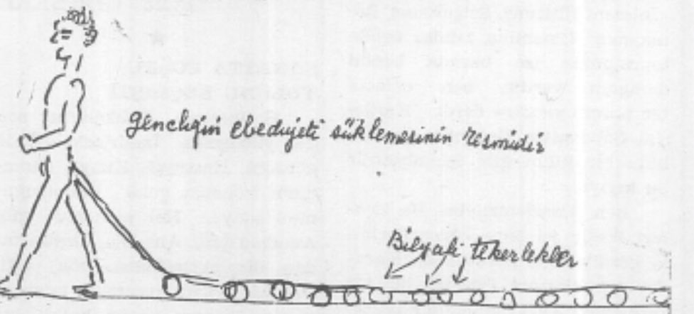 Akdeniz'in ebedi gençliği hakkında kendisinden istenen yazı üzerine düşünürken Cevat Şakir:

“Kısa değil ki, upuzun ebediyet, düşün bir kez, sonsuz yahu! Sürüklenir mi meret? Kolay olsun diye bilyalı tekerlek takmalı kuyruğuna...”

-Gençliğin ebediyeti sürüklemesinin resmidir-