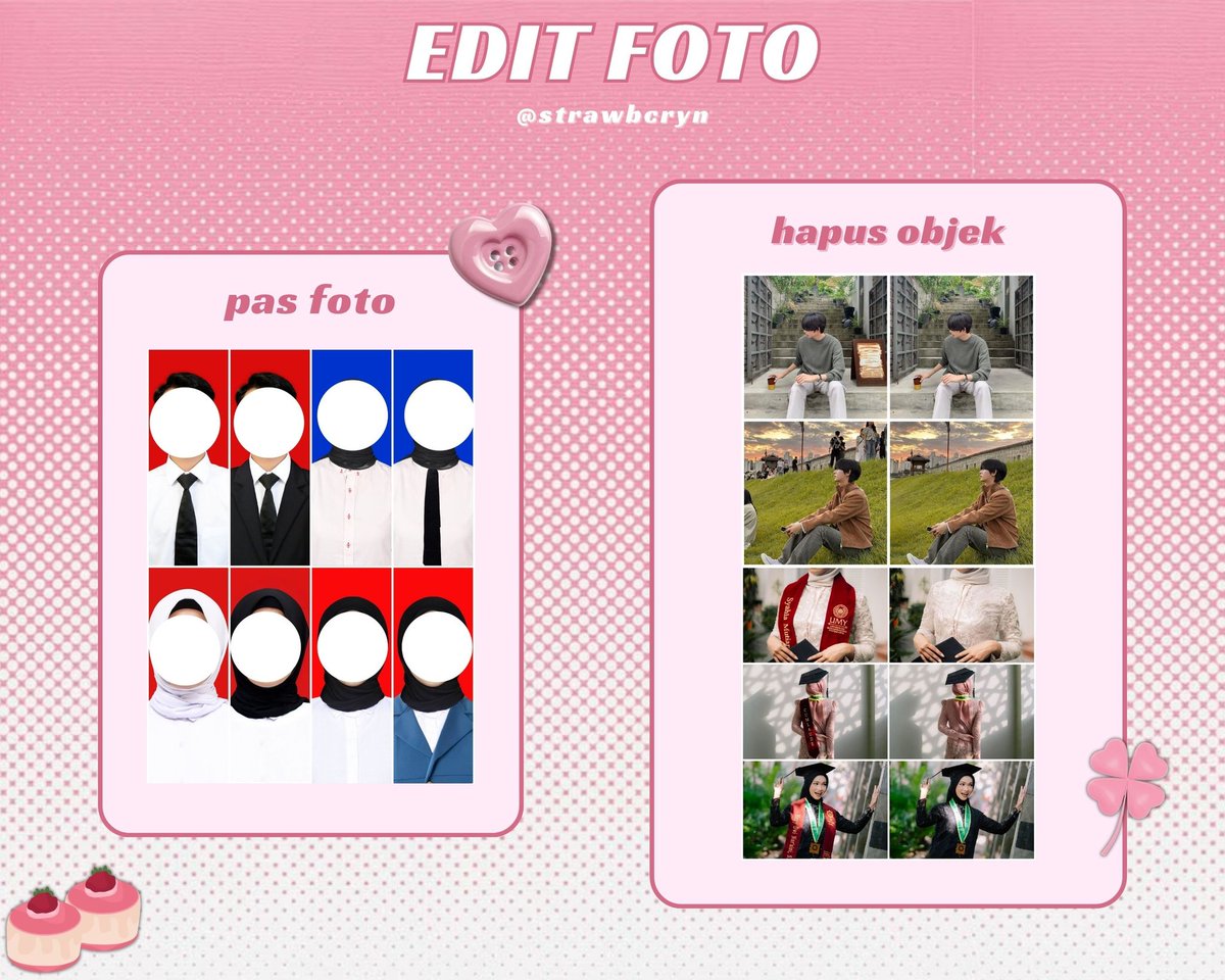 strawbcryn's tweet image. OPEN JASA/JOKI EDIT🌷
• edit pas foto
• hapus objek 
• manips 
• joki canva (poster, infografis, freebies, photobooth, corat coret, feeds, scrapbook, corkboard, dll)

- jual preset lightroom
- anything u need

just ask me-!

#zonauang #zonajajan️️ #joktug