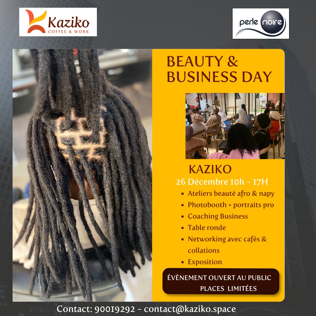 Prendre soin de soi, construire sa carrière et élargir son réseau… le même jour ?
Le Beauty &amp; Business Day arrive chez Kaziko x Perle Noire pour une expérience unique entre beauté afro, mindset et business.
 Places limitées
Inscris-toi dès maintenant 👉 lnkd.in/e5PnGdEn