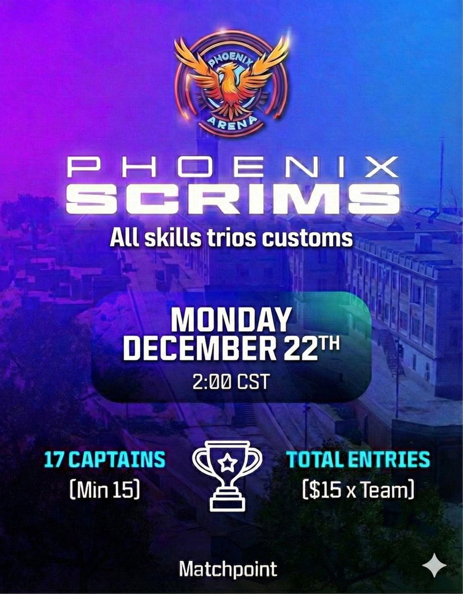 🔥🐦‍🔥 Phoenix Havens Hallow All skills 🐦‍🔥🔥 
 
📆: Monday December 22 2:00 Cst 
🎟: 17 teams 
🌎: NAC 
💰: $15 per team 
📈: 135 MP 

Admin: <a href="/kimsi__/">PHNX kimsi</a>