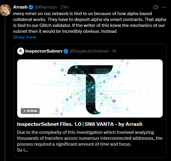 InspectorSubnet's tweet image. Is not just about ALPHA going from the miners to the validator sir. 

But also about Validator transfering to the miner.   

Also look how he responds at questions:  "now idea how that's possible". But he can say that the investigation is awfull. lol  

SHARE THIS! $TAO…