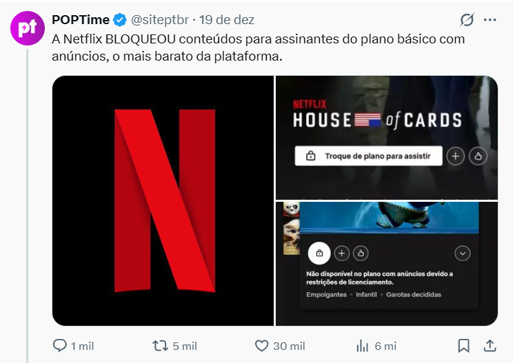 TriploF's tweet image. 30 mil curtidas em uma desinformação bizarra. kkk. A Netflix bloqueia conteúdo por motivos contratuais desde 2022 no plano com anúncios. Isso não é NOTÍCIA. É algo que já existe na plataforma desde que o plano existe. kkkkk. Ragebaiting é mesmo a palavra de 2025 em!!