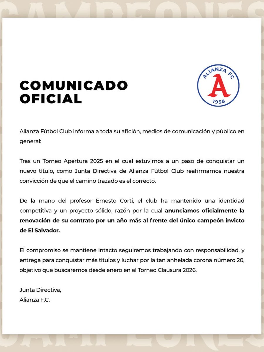 Guillhern's tweet image. Alianza confirma renovación de Ernesto Corti.