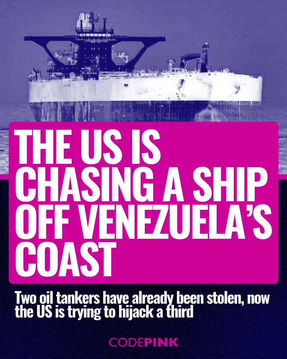 codepink's tweet image. The US is chasing a ship off Venezuela's coast. Two tanks have been stolen already, and now the US is trying to steal a third.

This is piracy in international waters. Venezuela is not for US plunder.