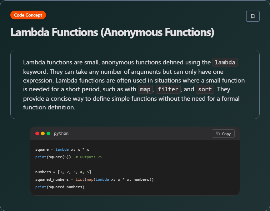 techielearns's tweet image. ✨ Lambda Functions (Anonymous Functions) (Python)

#Python #PythonDev #DataScience #WebDev #100DaysOfCode #DevLife