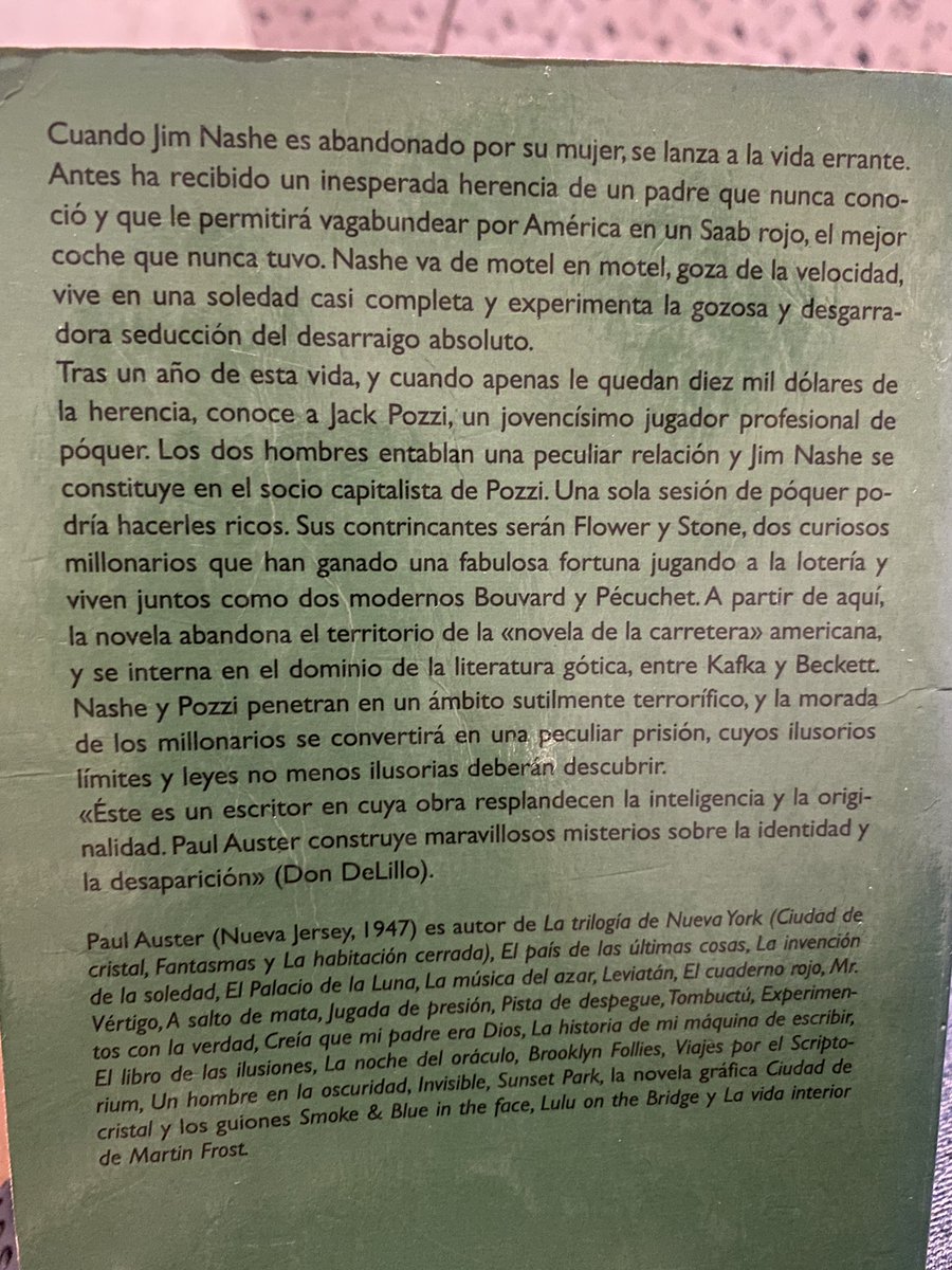Paul Auster, La música del azar, Ed. Anagrama, 2010, 251 pp., $150.00 MXN