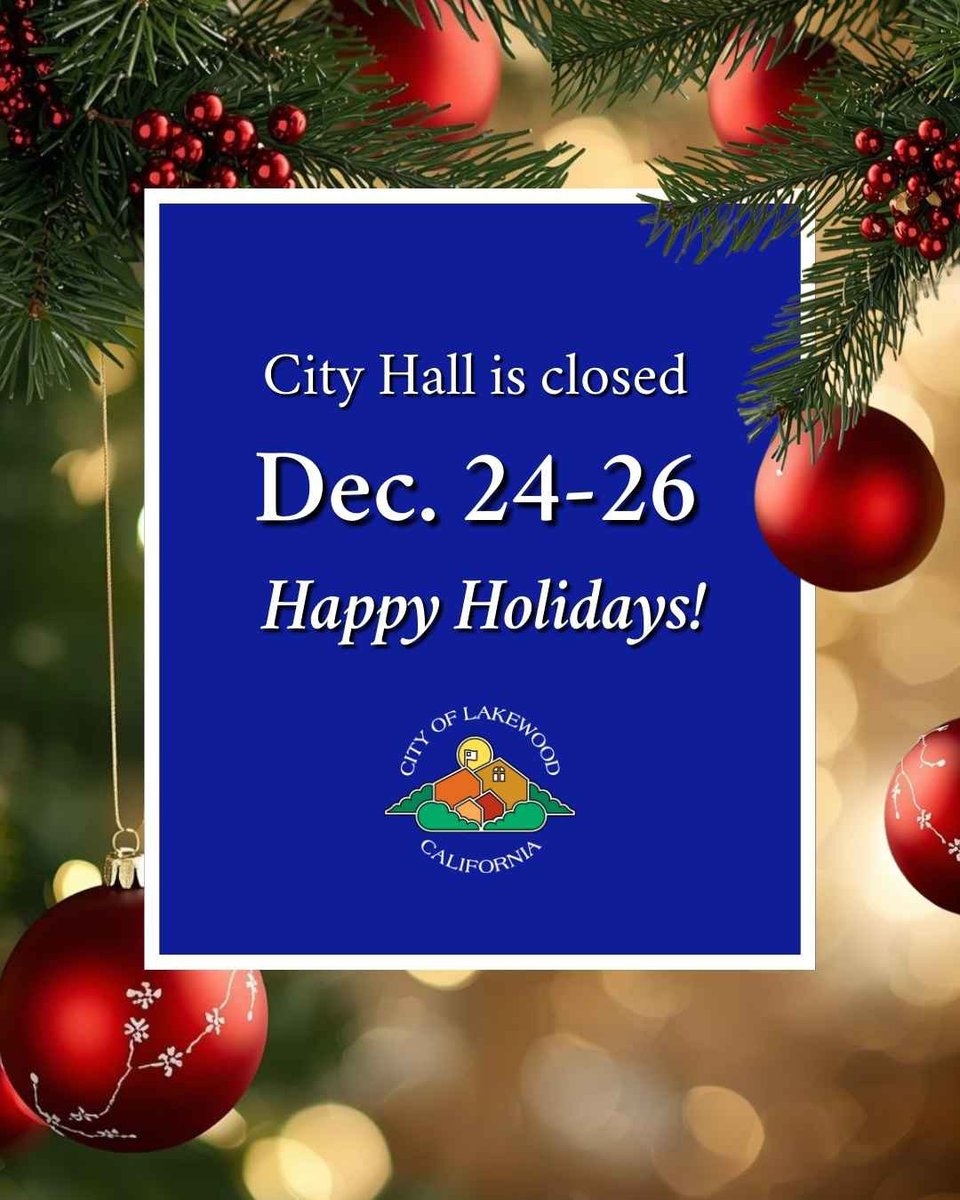 Lakewood City Hall is closed Dec. 24-26. Trash as usual Dec. 22-24, but pickup delayed the rest of the week one day (Thursday’s pickup is Friday, etc.). 

No street sweeping Dec. 24-26. Details at lakewoodca.gov/holidaytrash.