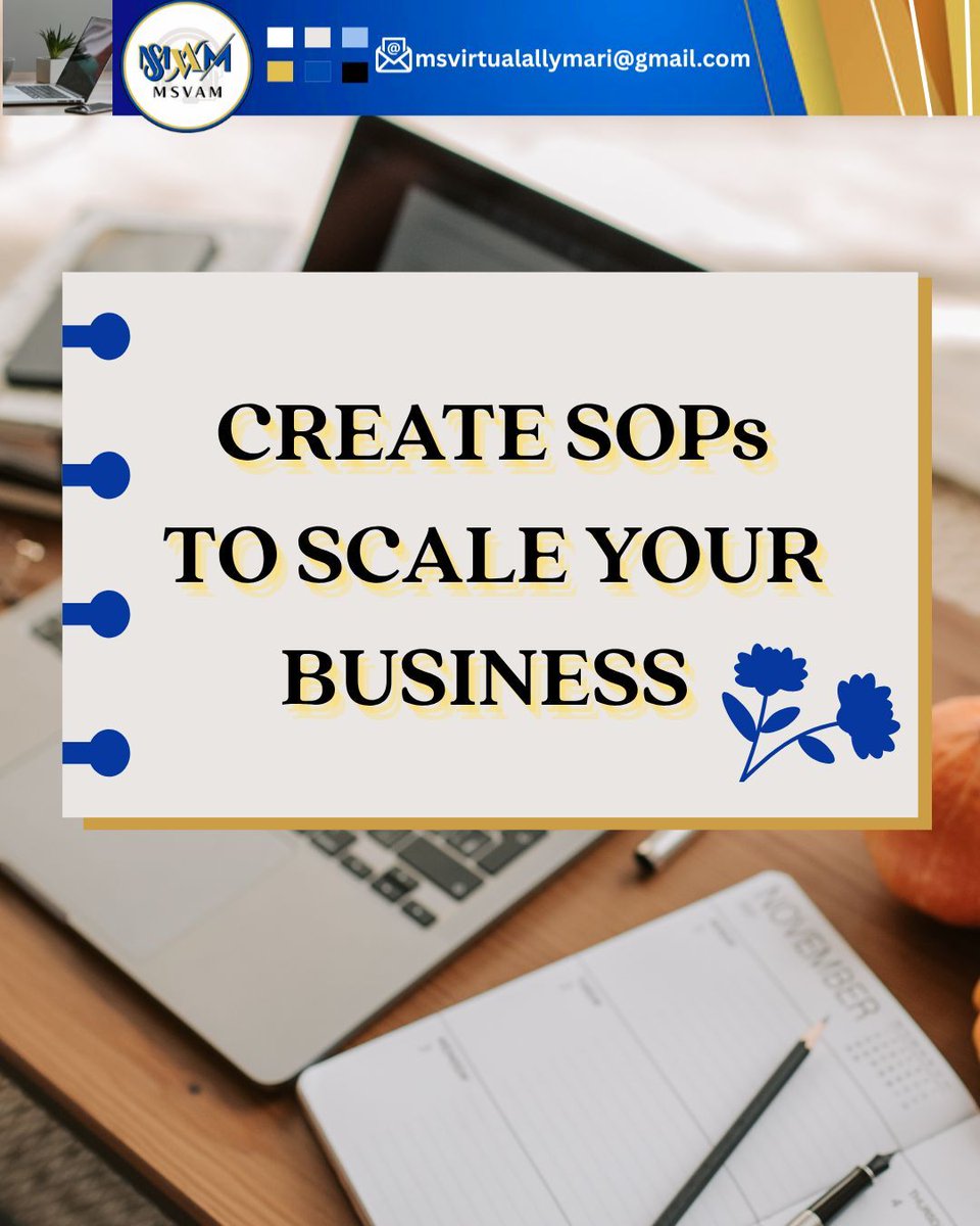 Basco_Marilyn13's tweet image. SOPs are essential for scaling and consistency, even for smaller businesses. Focus on key tasks, ensure clear steps, store accessibly, and update often. Documented workflows enable smooth operations, reduce errors, and support growth. 💙 

#VASystems #SOPs #VirtualAssistantLife