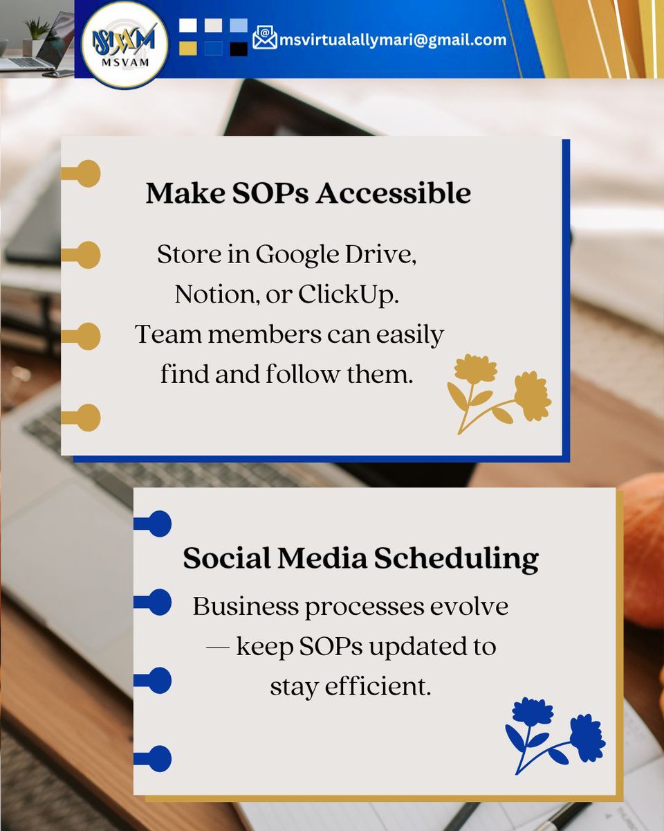 Basco_Marilyn13's tweet image. SOPs are essential for scaling and consistency, even for smaller businesses. Focus on key tasks, ensure clear steps, store accessibly, and update often. Documented workflows enable smooth operations, reduce errors, and support growth. 💙 

#VASystems #SOPs #VirtualAssistantLife