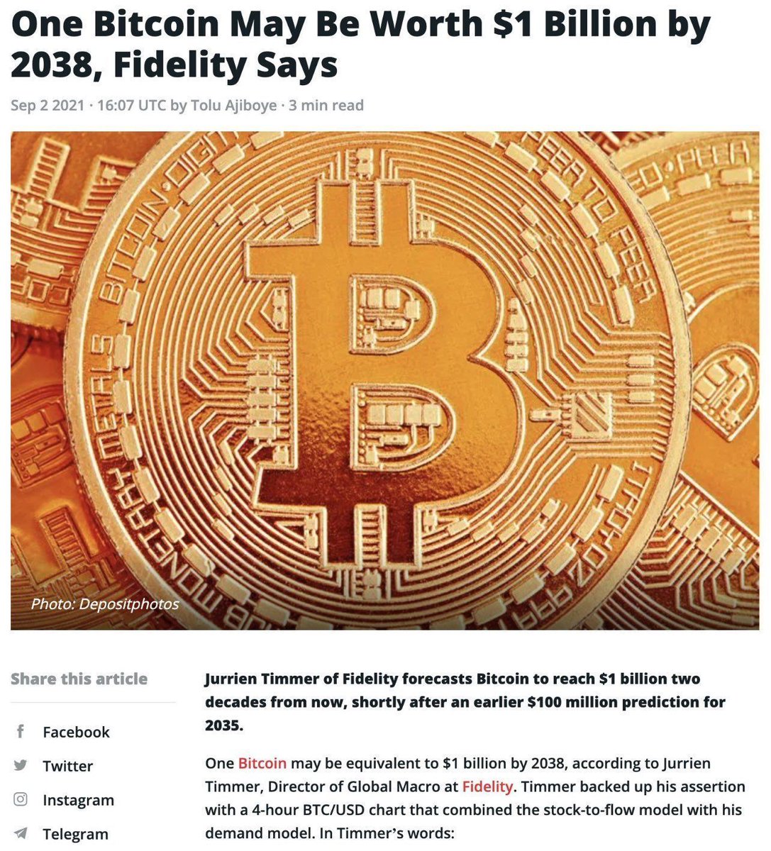 Back in September 2021, Fidelity said 1 #Bitcoin could be worth $1 BILLION  by 2038. Jurrien Timmer, Director of Global Macro at Fidelity, backs the  Prediction using Stock-to-Flow + Demand Models. $BTC #Fidelity