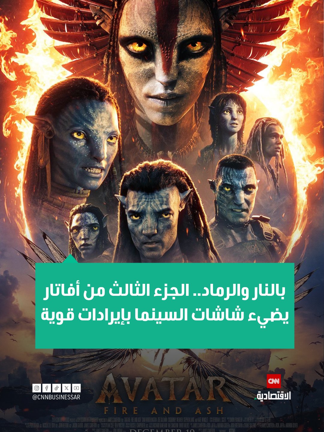 حقّق الجزء الثالث من سلسلة «أفاتار» للمخرج العالمي جيمس كاميرون إيرادات تقدر بنحو 345 مليون دولار عالمياً خلال عطلة نهاية الأسبوع الافتتاحية، وفقاً لما أعلنته شركة التوزيع والتسلية والتواصل والترفيه وولت ديزني. ويُعد هذا الرقم ثاني أعلى افتتاحية لأفلام هوليوود لعام 2025 بعد «زوتوبيا 2» التي حققت 556 مليون دولار في نوفمبر. للمزيد 