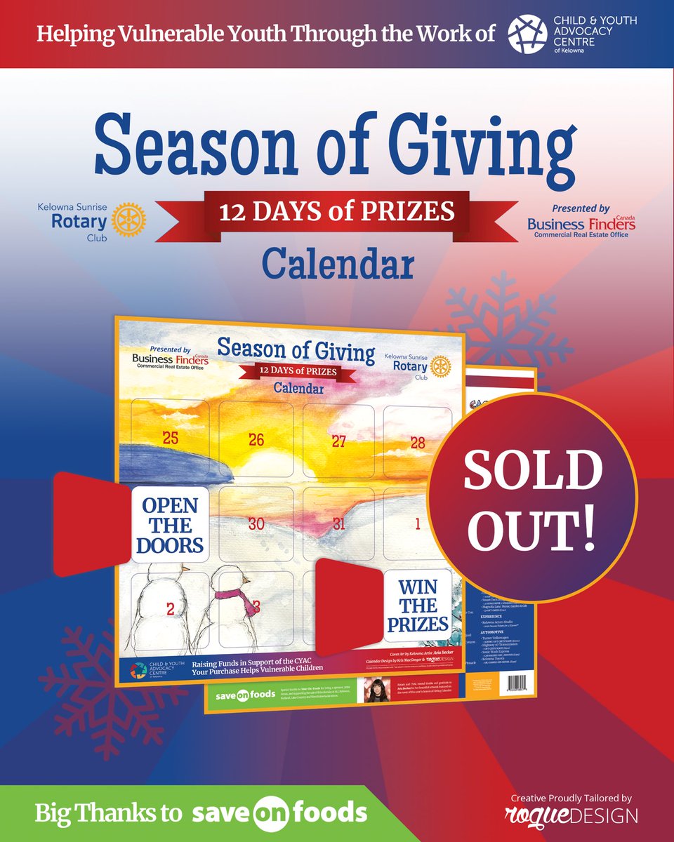 roguescots's tweet photo. AMAZING NEWS! This year’s Season of Giving Prize Calendar has now SOLD OUT! Woot!!! 🎉🥳 Congrats to all involved in this year’s campaign. Proceeds will help Okanagan kids in need through the Child &amp; Youth Advocacy Centre of Kelowna. So fun designing this these past 5 years! https://t.co/33TXaez1kX