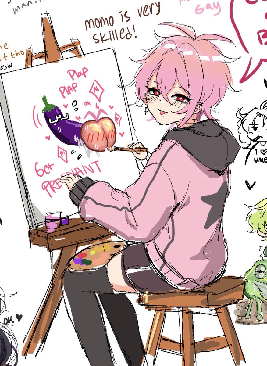 Momo painting some fruits from the shared canvas/drawing session last weekend