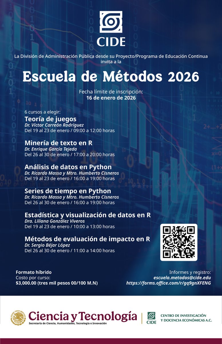 CIDE_MX's tweet photo. Escuela de Métodos 2026. ¡Elige tu curso!

✅ Teoría de juegos
✅ Minería de textos en R
✅ Análisis de datos en Python
✅ Serie de tiempos en Python
✅ Estadísticas y visualización de datos en R
✅ Métodos de evaluación en R

Formato híbrido
👉 Registro: https://t.co/ikti3UFI9z https://t.co/PtmFwfnwjb