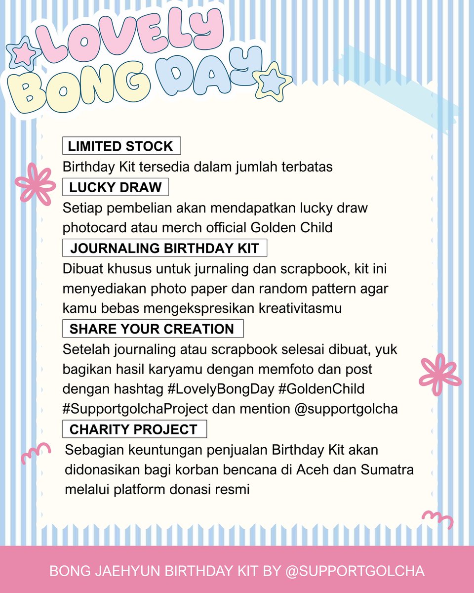 supportgolcha's tweet image. ৡ‿◞ ྀི 𓂃 𝗟𝗢𝗩𝗘𝗟𝗬 𝗕𝗢𝗡𝗚 𝗗𝗔𝗬

~ Bong Jaehyun Birthday Kit ~
by @supportgolcha

💭 how to get?
ꢾ꣒ co shopee 25.12 (01.04 WIB)
     ⤷ id.shp.ee/xVBLMdV
ꢾ꣒ limited qty! (1 account 1 kit)

#LovelyBongDay #SupportgolchaProject