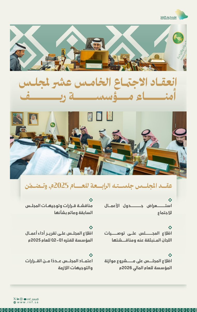rnf_saudi's tweet image. عقد مجلس أمناء مؤسسة ريف جلسته الرابعة للعام 2025م، حيث استُهلّت الجلسة باستعراض جدول الأعمال وقرارات وتوجيهات المجلس السابقة وما تم بشأنها، ومناقشة مخرجات المسارات الاستراتيجية المعتمدة وتوصيات اللجان المنبثقة عنها، كما اطّلع المجلس على مشروع موازنة المؤسسة لعام 2026م وتقرير…