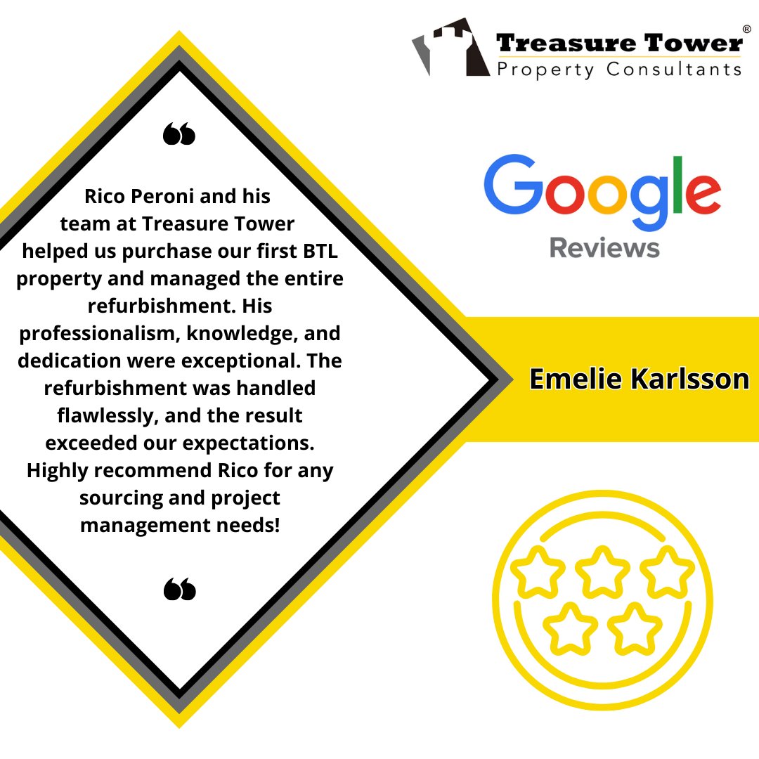 treasuretoweruk's tweet photo. "Rico Peroni and his team at Treasure Tower helped us purchase our first BTL property and managed the entire refurbishment. His professionalism, knowledge, and dedication were exceptional.." 
-Emelie Karlsson

#testimonial #review #treasuretower #treasuretowerproperty https://t.co/e8NGRXhXnJ
