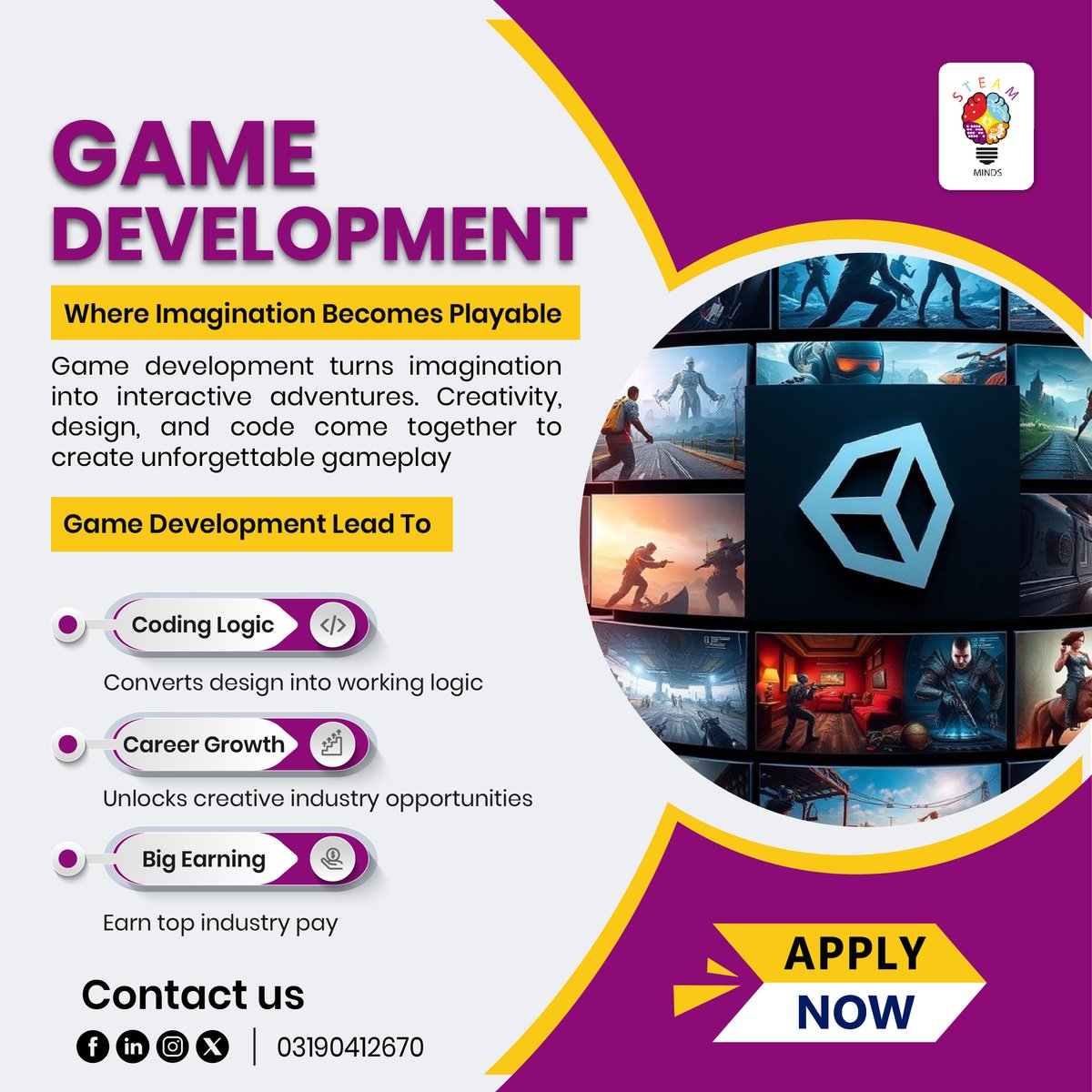 STEAM_Minds's tweet image. Turn your passion for games into a real skill.

Learn how games are made with our step-by-step game development course.

Join STEAM Minds.
.
.
.
#steamminds #GameDevelopmentCourse #3ddesigning #Learning #game #successmindset  #reachmorepeople #foryoupage #courses #students