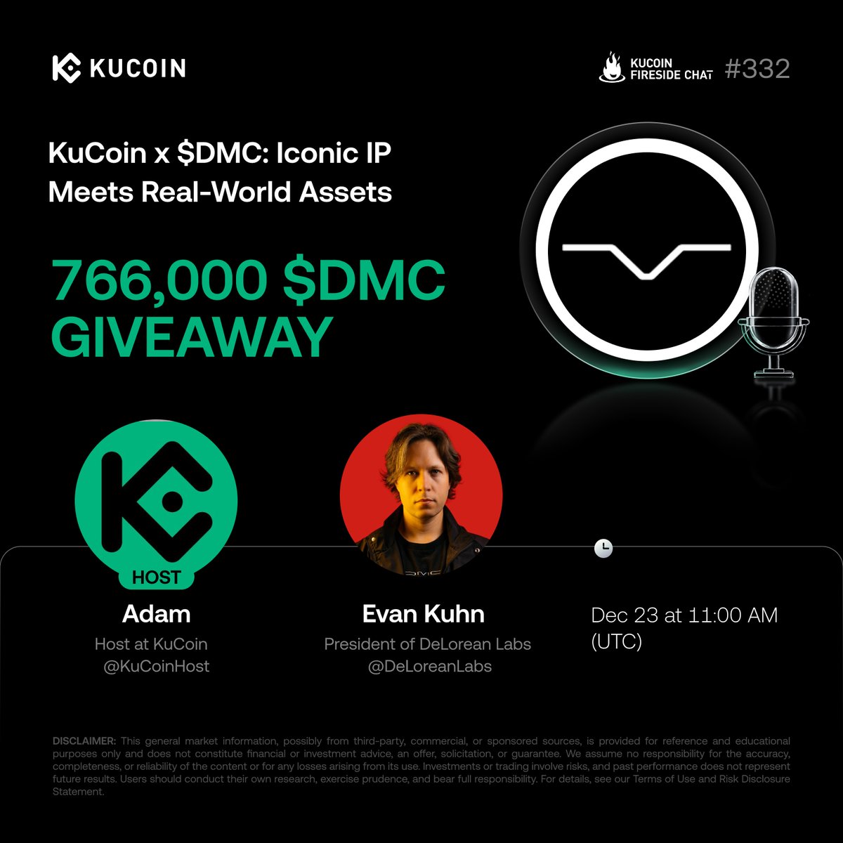 kucoincom's tweet photo. 🎙️ Tune in to our  #KuCoinFiresideChat together with @DeLoreanLabs as we uncover how iconic IP is merging with real-world assets through $DMC.

🎁766,000 $DMC to giveaway!

1. Follow @kucoincom & @DeLoreanlabs
2. Join the space: https://t.co/1p3eN5Jfg0 
3. Complete Gleam form: https://t.co/A4dy5scHqD 

Show your support to $DMC on #KuCoin now⤵
https://t.co/COQPHMBXao